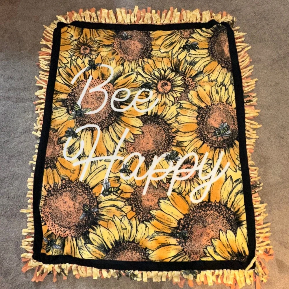 Homemade Sunflower Bee Happy Honeycomb Fringed Throw Blanket Yellow Black 60x50